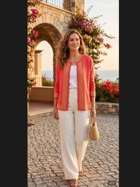 Lilly Pulitzer coral Cardigan with Gold Greek Key Trim
